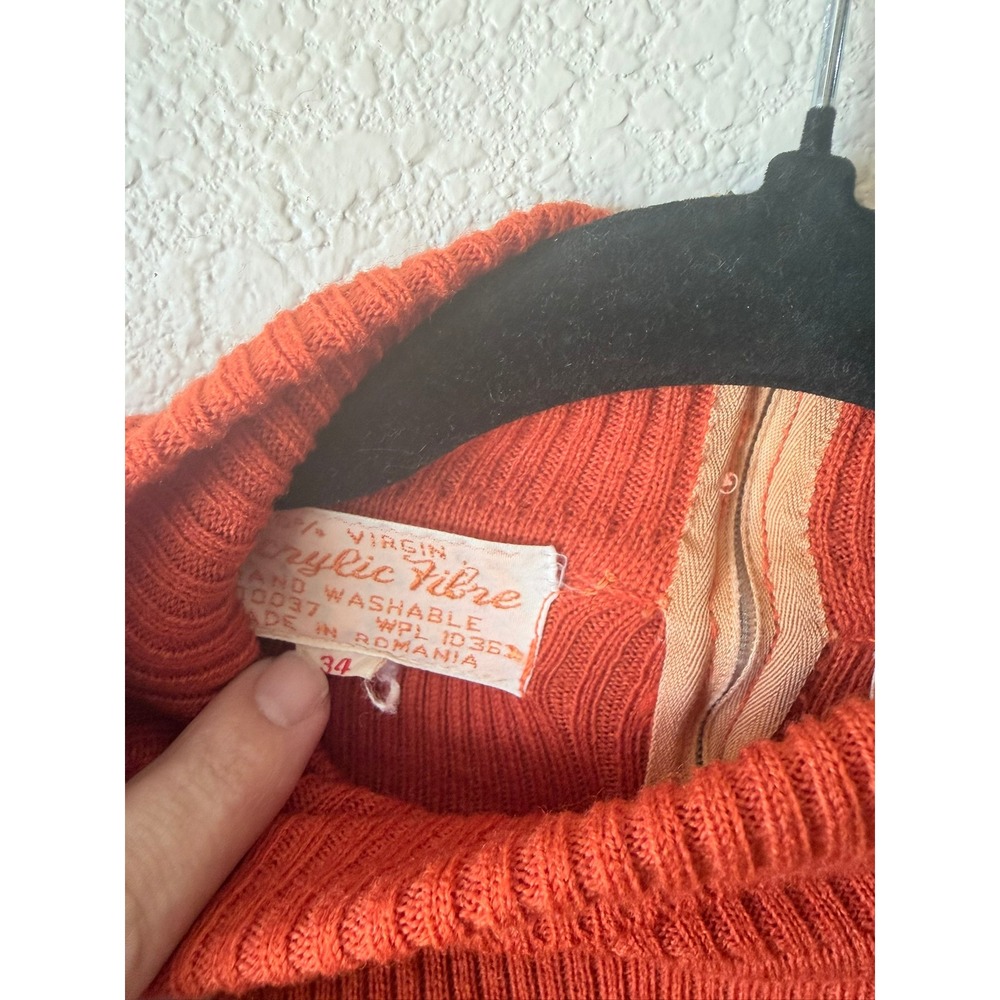 Vintage Burnt Orange Ribbed Turtleneck Sweater Back Zip Mock Neck Romania 34 - Picture 5 of 8